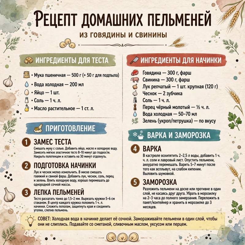 Домашние пельмени: ингредиенты и пошаговый рецепт