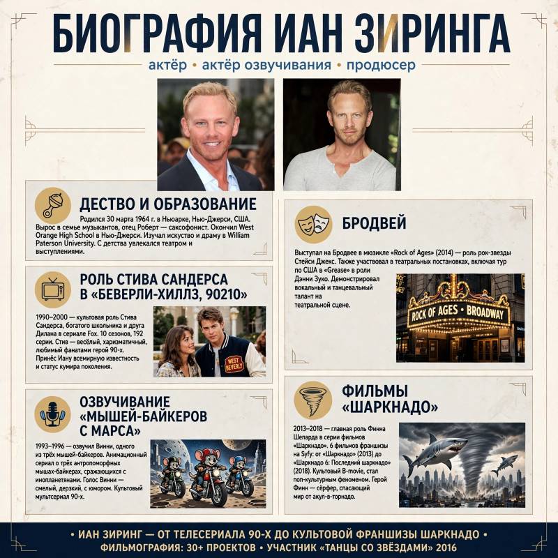 Иан Зиринг: биография, лучшие роли и путь от «Беверли-Хиллз, 90210» до «Шаркнадо»