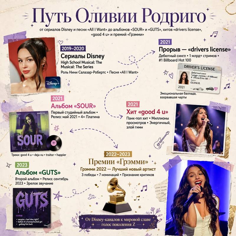 Как Оливия Родриго пришла к успеху: от Disney до хитов «SOUR» и «GUTS»