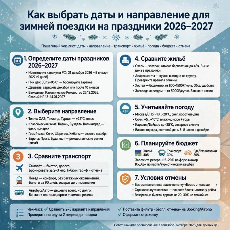 Как спланировать зимнюю поездку на праздники 2026–2027 без привязки к событиям