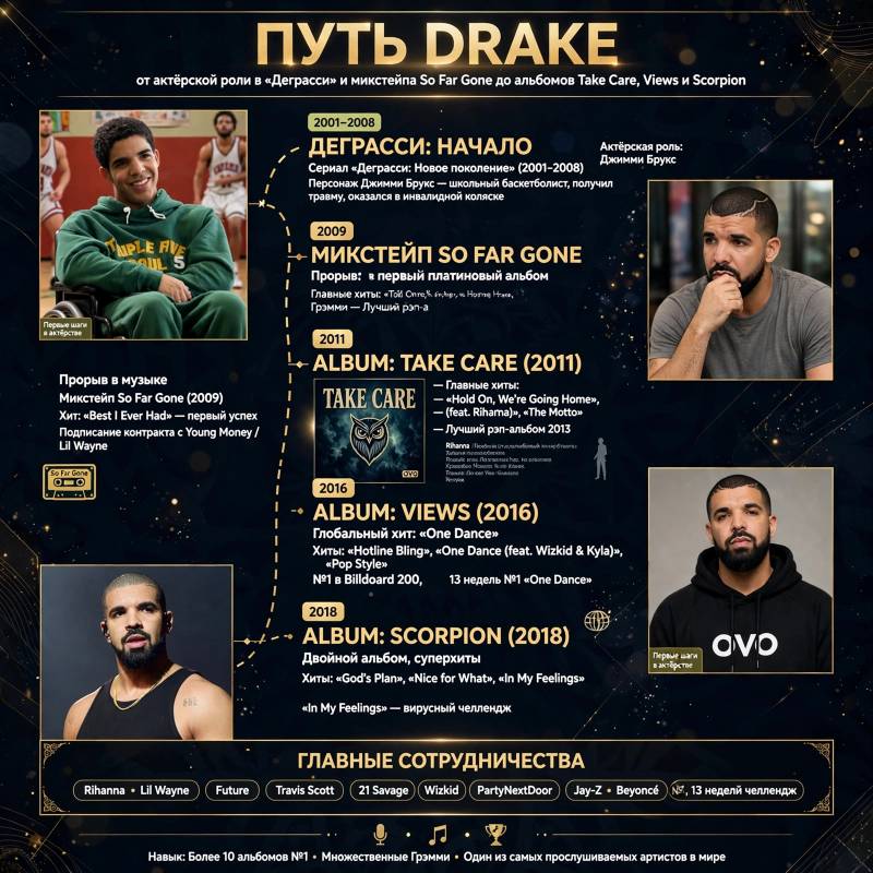 Музыкальная карьера Drake: от актёра из Торонто до мировых хитов