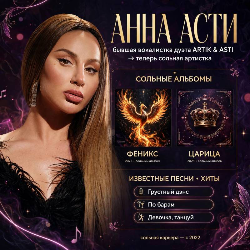Музыкальная карьера Анны Асти: от дуэта Artik & Asti до «Царицы»