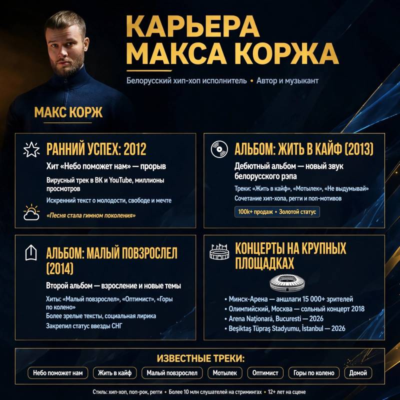 Музыкальная карьера Макса Коржа: от «Небо поможет нам» до стадионных концертов
