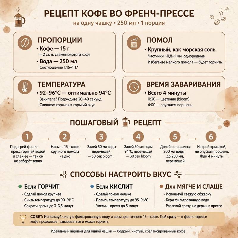 Простой утренний кофе во френч-прессе: пропорции и пошаговый рецепт